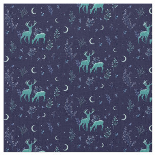 Blue Midnight Moonlight Deer Fabric Stoff