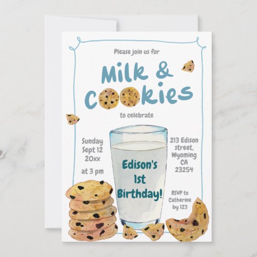 Blue Milk and Cookies 1st Birthday Boy Einladung (Vorderseite)