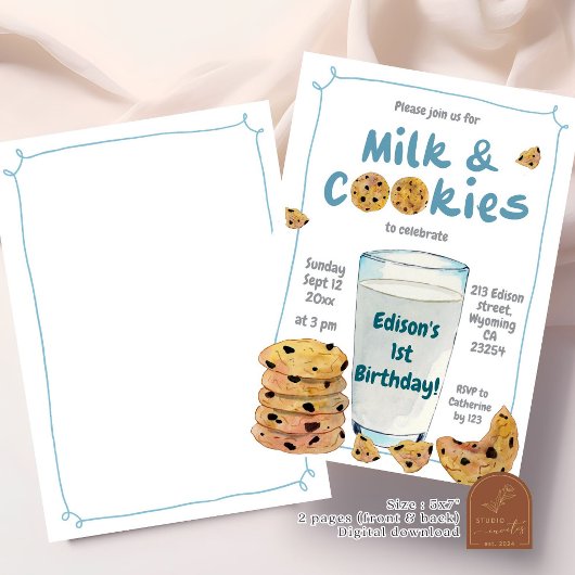 Blue Milk and Cookies 1st Birthday Boy Einladung