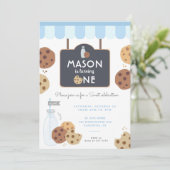 Blue Milk and Cookies Erstgeburtsjungs Einladung (Stehend Vorderseite)