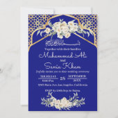 Blue Minimal Floral Gold Islamische Hochzeit Einladung (Vorderseite)