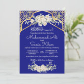 Blue Minimal Floral Gold Islamische Hochzeit Einladung (Stehend Vorderseite)