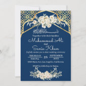 Blue Minimal Floral Gold Islamische Hochzeit Einladung (Vorderseite)