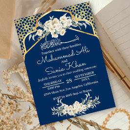 Blue Minimal Floral Gold Islamische Hochzeit Einladung
