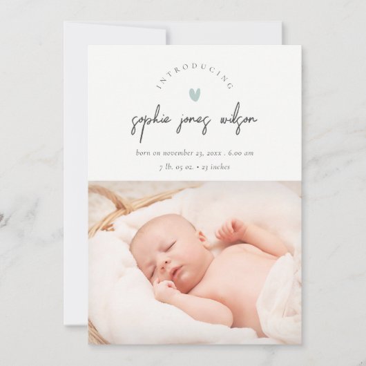 Blue Minimal Heart Script Foto Geburtsankündigung Dankeskarte (Vorderseite)