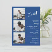 Blue minimalist casual initials photo wedding einladung (Stehend Vorderseite)