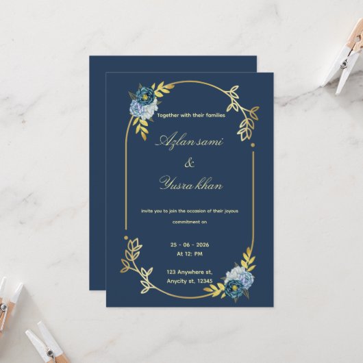 Blue minimalist Muslim wedding invitation Editable Einladung (Vorderseite/Rückseite Beispiel)