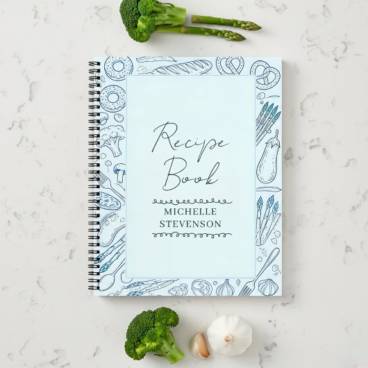 Blue Minimalist Sketched Food Doodle Recipe Book Notizblock