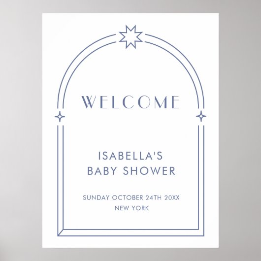 Blue Minimalistisch Boho Arch Baby Dusche Willkomm Poster (Vorne)
