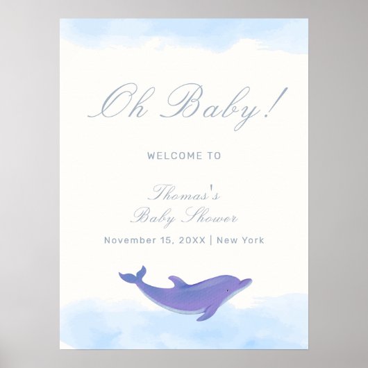 Blue Minimalistisch Boho Dolphin Baby Dusche Willk Poster (Vorne)
