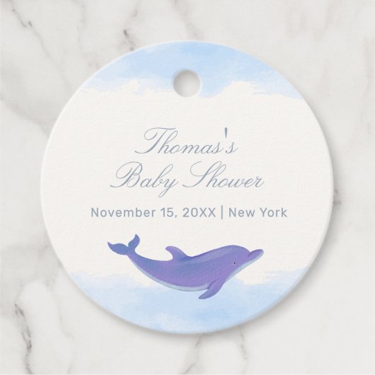 Blue Minimalistisch Boho Ocean Dolphin Baby Dusche Geschenkanhänger (Vorderseite)