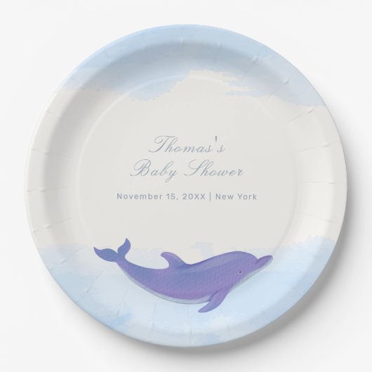 Blue Minimalistisch Boho Ocean Dolphin Baby Dusche Pappteller (Vorderseite)