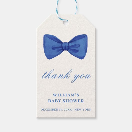Blue Minimalistisch Bow Boy Baby Dusche Vielen Dan Geschenkanhänger (Vorderseite)