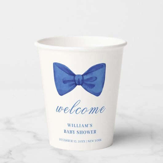 Blue Minimalistisch Bow Boy Baby Dusche Willkommen Pappbecher (Vorderseite)