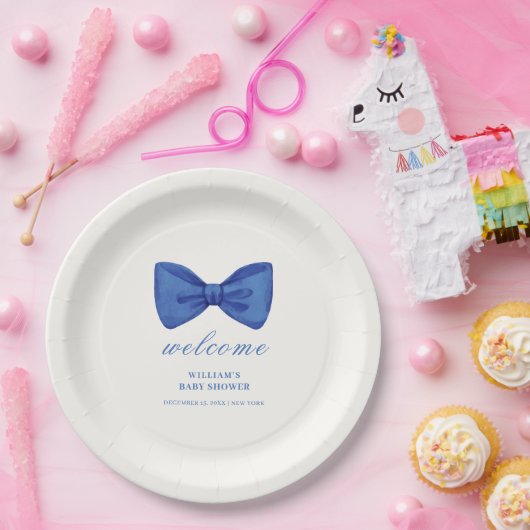 Blue Minimalistisch Bow Boy Baby Dusche Willkommen Pappteller (Party)