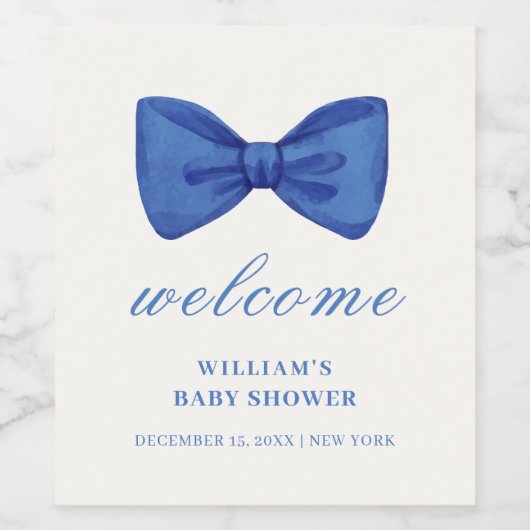 Blue Minimalistisch Bow Boy Baby Dusche Willkommen Weinetikett (Einzelnes Label)