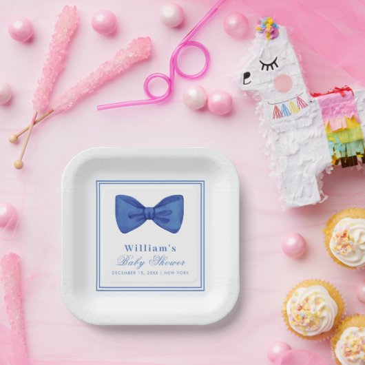 Blue Minimalistisch Bow Frame Baby Dusche Pappteller (Party)