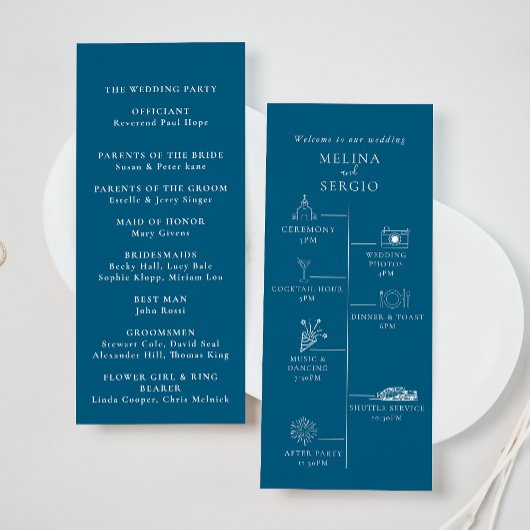 Blue Minimalistisch Calligraphy Timeline Wedding Programm