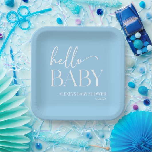 Blue Minimalistisch Hello Baby Dusche Pappteller (Party)