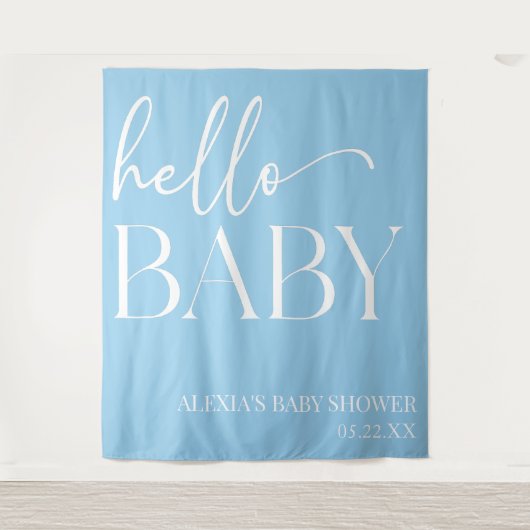 Blue Minimalistisch Hello Baby Dusche Wandteppich (Vorderseite)