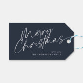 Blue Minimalistisch Modern Script Frohe Weihnachte Geschenkanhänger (Vorderseite (Horizontal))
