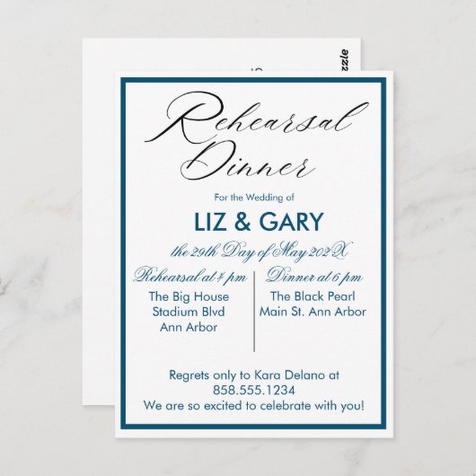 Blue Minimalistisch Probe Dinner Postkarte (Vorne/Hinten)