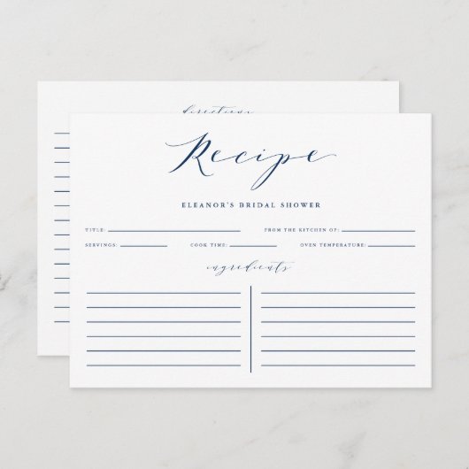 Blue Minimalistisch Script Brautparty Rezept Card Postkarte (Vorne/Hinten)