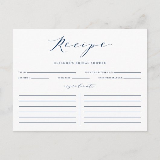 Blue Minimalistisch Script Brautparty Rezept Card Postkarte (Vorderseite)