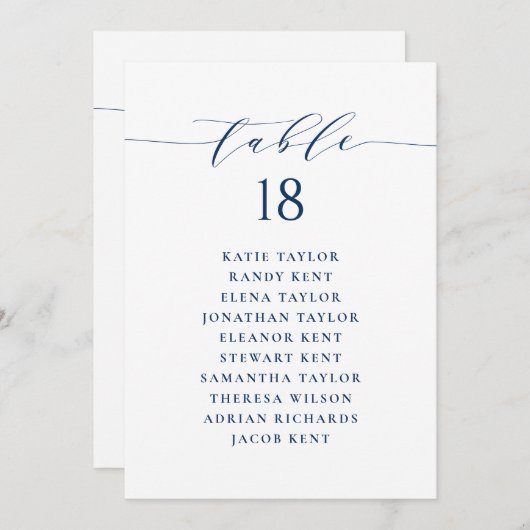 Blue Minimalistisch Script Sitzplan Tischnummer (Vorne/Hinten)