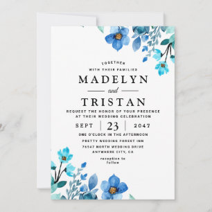 Blue Minimalistisch Watercolor Wedding Einladung