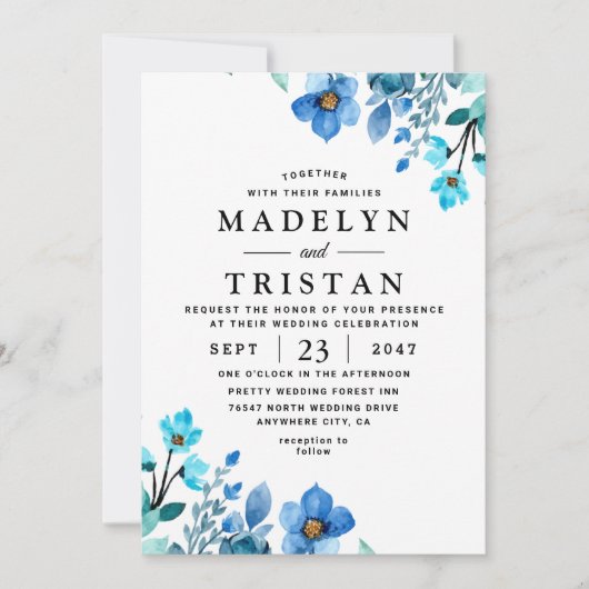 Blue Minimalistisch Watercolor Wedding Einladung (Vorderseite)