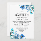 Blue Minimalistisch Watercolor Wedding Einladung (Vorne/Hinten)