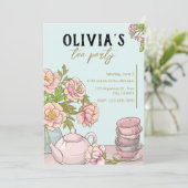 Blue Mint Floral Illustriert Tee Party Einladung (Stehend Vorderseite)