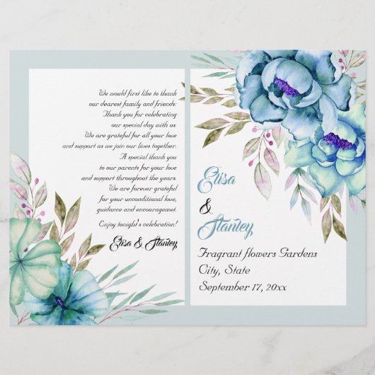 Blue Mint Green Aquarell Blume Hochzeitsprogramm (Vorderseite)