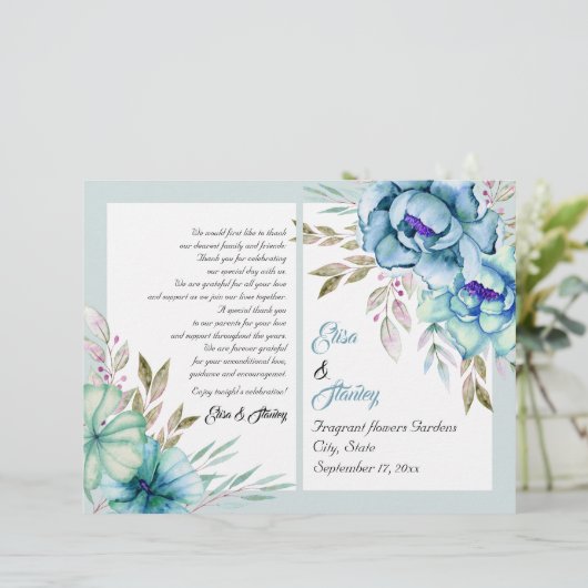 Blue Mint Green Aquarell Blume Hochzeitsprogramm (Stehend Vorderseite)