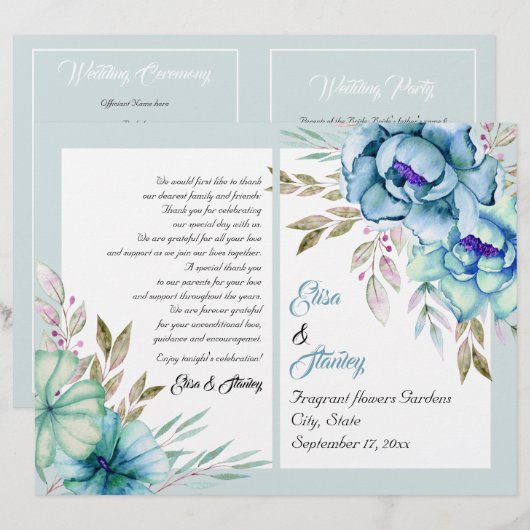 Blue Mint Green Aquarell Blume Hochzeitsprogramm (Vorne/Hinten)