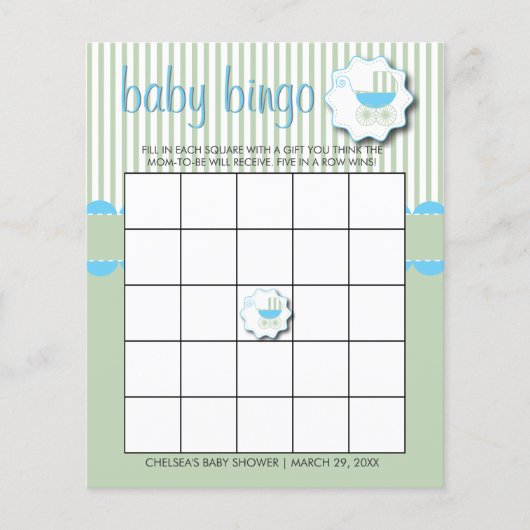 Blue & Mint Green Baby Buggy Dusche - Bingo Flyer (Vorne)