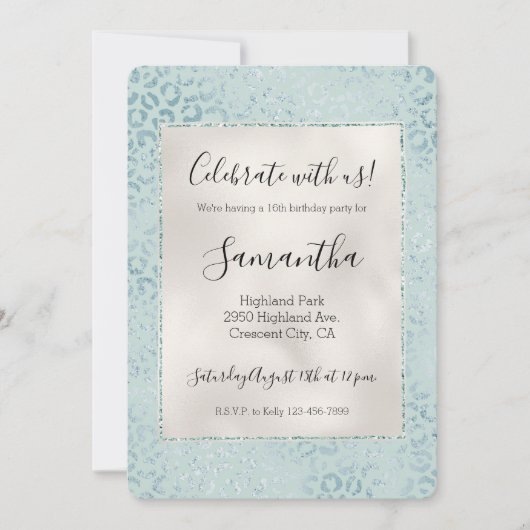 Blue Mint Leopard Print Glitzer Einladung (Vorderseite)