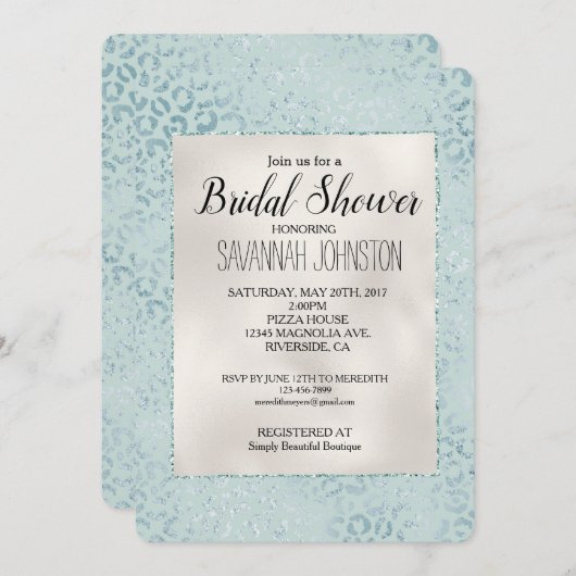 Blue Mint Leopard Print Glitzer Einladung (Vorne/Hinten)