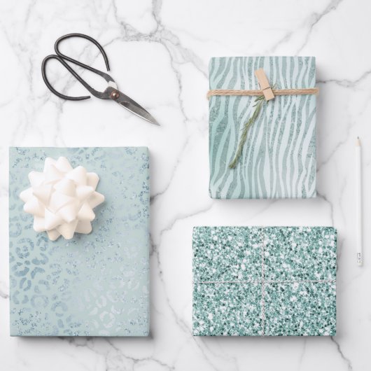 Blue Mint Leopard Print Glitzer Geschenkpapier Set (Vorderseite)