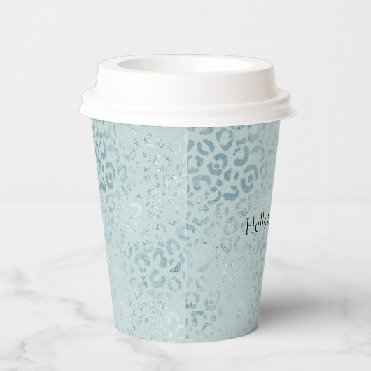 Blue Mint Leopard Print Glitzer Pappbecher (Rechts)