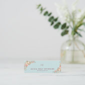 Blue Mint Monogram Chic Floral Wedding Planner Mini Visitenkarte (Stehend Vorderseite)