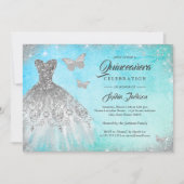 Blue Mint Sparkle Dress Butterfly Quinceanera Invi Einladung (Vorderseite)