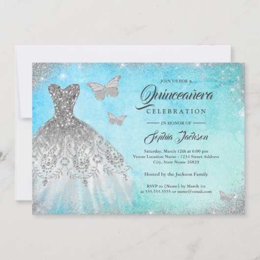 Blue Mint Sparkle Dress Butterfly Quinceanera Invi Einladung (Vorderseite)
