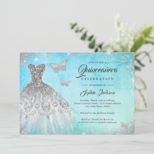 Blue Mint Sparkle Dress Butterfly Quinceanera Invi Einladung (Stehend Vorderseite)