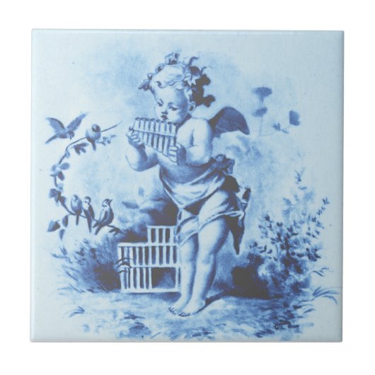 Blue Minton Cherub mit Pan Pipes & Birds Repro Fliese (Vorderseite)