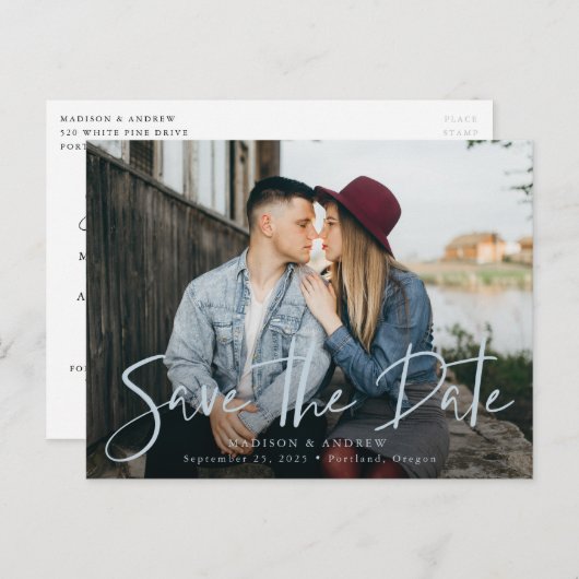 Blue Mist Handschrift Script Foto Save the Date Ankündigungspostkarte (Vorne/Hinten)