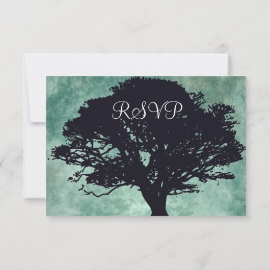 Blue Mist Oak Tree Silhouette Hochzeit RSVP Karten (Rückseite)