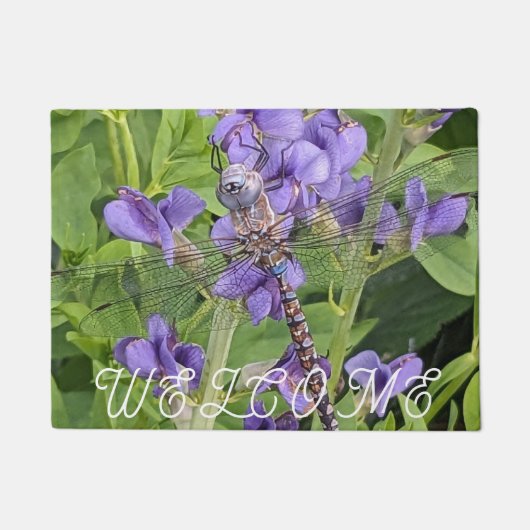 Blue-Mit Augen Darner Dragonfly auf Blume Willkomm Fußmatte (Vorderseite)