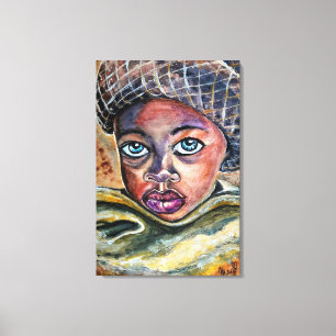Blue Mit Augen Little Girl with Hat - Watercolor A Leinwanddruck
